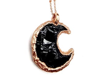 Knapped Obsidian Crescent Moon Necklace // Electroformed Jewelry // Soldered Copper Chain // Moon Child, Lunar Moon