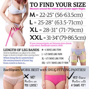BaeBliss size chart with thigh measuring guide, leg band lengths, and clip-on underwear fit tips.