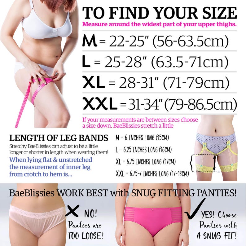 BaeBliss size chart with thigh measuring guide, leg band lengths, and clip-on underwear fit tips.