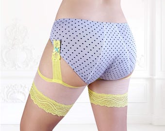 Zitronengelbe Anti-Scheuerstellen-Oberschenkelbänder: Clip-On-Spitzenunterhose | Döbel Rub Lösung | AUF BESTELLUNG