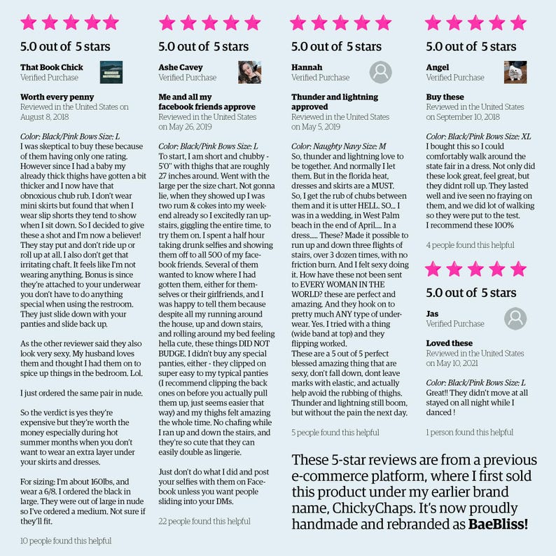 Anti-chafing underwear customer reviews highlighting comfort, fit, and style. Real-life testimonials from women who loved this product under its former brand, ChickyChaps—now revived and handmade as BaeBliss.