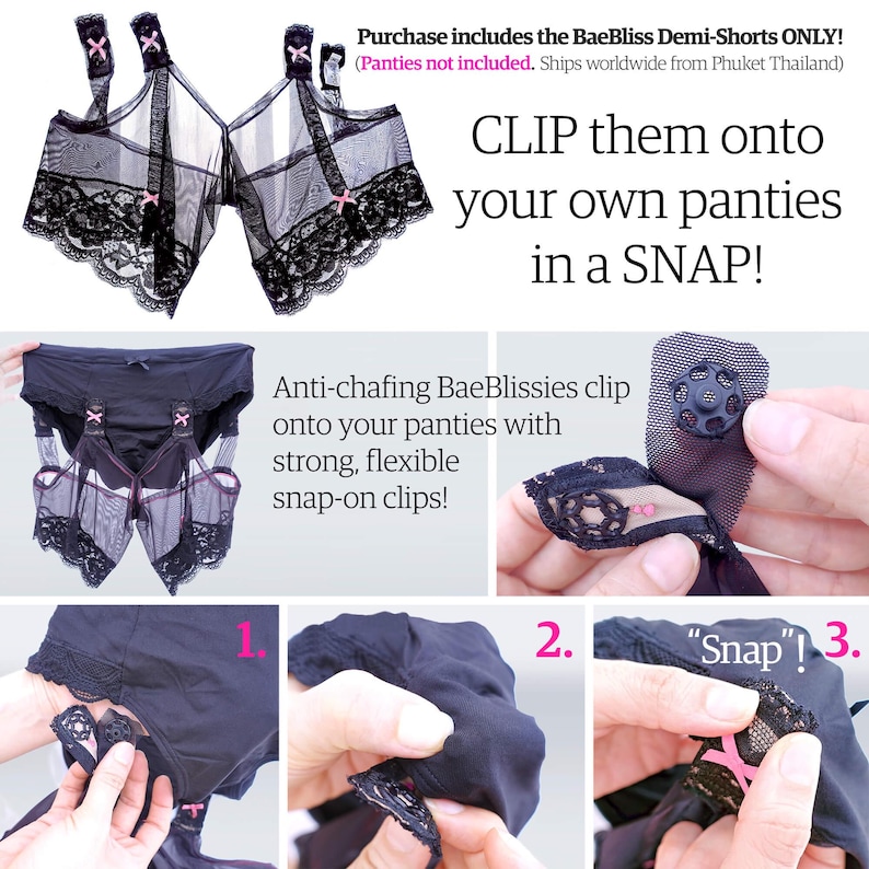 Montage image showing how to wear BaeBliss clip-on mesh thigh bands with your own underwear