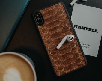 Brown python case for iPhone, iPhone snakeskin case, Samsung brown leather case, exotic leather iPhone case, iPhone 11 Pro leather case