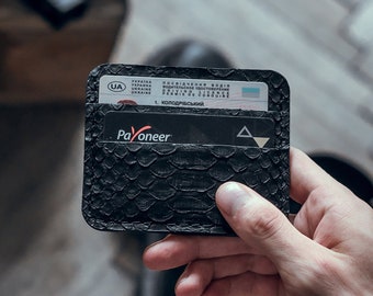 Handmade Black Python Leather Cardholder, Snakeskin Wallet