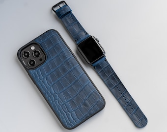 Blue leather iPhone case and apple watch band set, iPhone 16 plus case cover, watch bracelet, crocodile embossed calfskin case, gift for him
