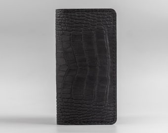 Black Crocodile Long Wallet, Crocodile-Embossed Leather, Stamped Crocodile Long Wallet, Genuine Leather Wallet, Personalised Long Wallet