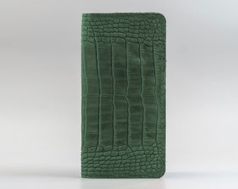 Cartera larga de cocodrilo verde oscuro, cuero repujado de cocodrilo, cartera de cocodrilo estampada, cartera de cuero genuino, cartera larga personalizada