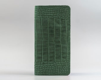 Dark Green Crocodile Long Wallet, Crocodile-Embossed Leather, Stamped Crocodile Wallet, Genuine Leather Wallet, Personalised Long Wallet