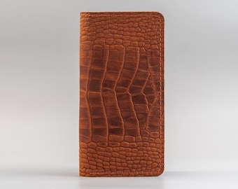 Cartera larga de cocodrilo de jengibre, cuero repujado de cocodrilo, cartera larga de cocodrilo estampada, cartera de cuero genuino, cartera larga personalizada