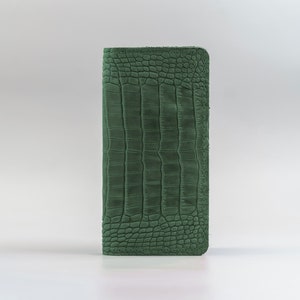 Cartera larga de cocodrilo verde oscuro, cuero repujado de cocodrilo, cartera de cocodrilo estampada, cartera de cuero genuino, cartera larga personalizada