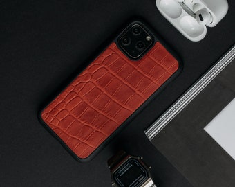 Red Crocodile Embossed Leather Case for iPhone 11, Red Stamped Crocodile Pattern on Cow Leather, iPhone 11 Pro max case