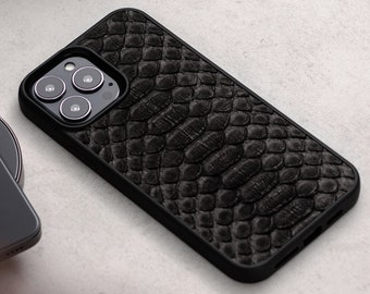 Leather Black iPhone 14 Pro Max Case, Black Python Leather Case 13 Pro Max, Snakeskin IPhone 12 Case, Exotic Leather IPhone 11 case