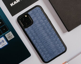 Blaue Python Lederhülle, iPhone Schlangenhaut Hülle, iPhone 11 Pro Max Hülle, Blaues Python Leder iPhone 12 Pro Hülle, iPhone 11 Pro Hülle