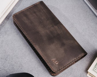 Cartera larga minimalista de cuero de caballo loco, tarjetero marrón personalizado, billetera personalizada para hombre, billetera de efectivo hecha a mano, regalo para esposo