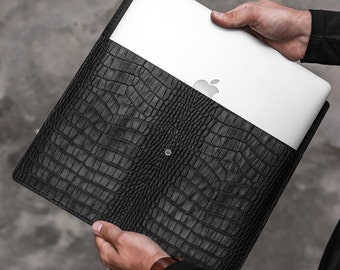 Personalized leather computer case, crocodile embossed laptop sleeve, MacBook 12 13 14 15 16 case, MacBook cover with button, birthday gifts