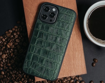 Etui z wytłoczonym krokodylem na iPhone'a, luksusowe ciemnozielone etui na telefon, ręcznie robione etui na telefon, prezent dla taty, wyprzedaż z okazji Black Friday