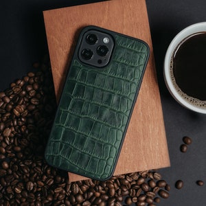 Dark Green iPhone 12 Pro Max Case Crocodile Embossed Leather Case for iPhone 13 Pro Green Stamped Crocodile Pattern on Cow Leather 12 Pro Dark Green
