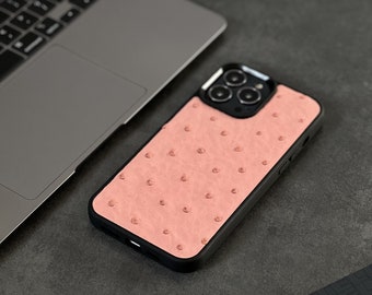 Ostrich Leather iPhone Cases: Elegant and Unique, Pink Color Ostrich Leather iPhone 13 Pro Case,  Cute iphone XR, 11, 12,13, 14 Pro case