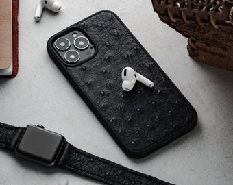 Black Ostrich Leather iPhone 13 Pro Case Ostrich Case iPhone 13 Pro Max Exotic Leather Case for 11 Pro Ostrich Leather Phone Case