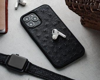 Etui ze skóry strusia w kolorze czarnym na iPhone'a 13 Pro Etui ze skóry strusia Egzotyczne etui ze skóry strusia na iPhone'a 13 Pro Max Etui ze skóry strusia na telefon 11 Pro