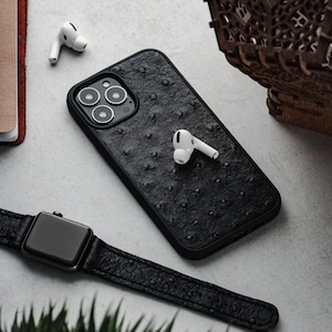 Capa de couro de avestruz preta para iPhone 13 Pro Capa de avestruz para iPhone 13 Pro Max Capa de couro exótico para 11 Pro Capa de couro de avestruz para celular