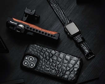 Black Gator Skin Set iPhone 13 Pro Max Apple Watch 7 Alligator Leather Set for iPhone 13 Pro and Apple Watch Black iPhone 13 case AW 7 strap