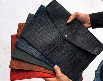 Stylish genuine crocodile embossed calfskin leather MacBook 16 case cover, leather laptop sleeve, custom laptop bag, personalized boss gift