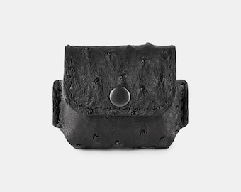Black brutal airpods case cover, handmade ostrich leather case for airpods, personalized leather headphone case, unique gift for husband