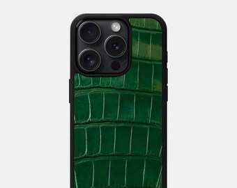 Green Exotic iPhone Case for iPhone 14 Pro Max with MagSafe, Genuine Alligator Leather Case for iPhone 12 Pro Max, Gift for Him