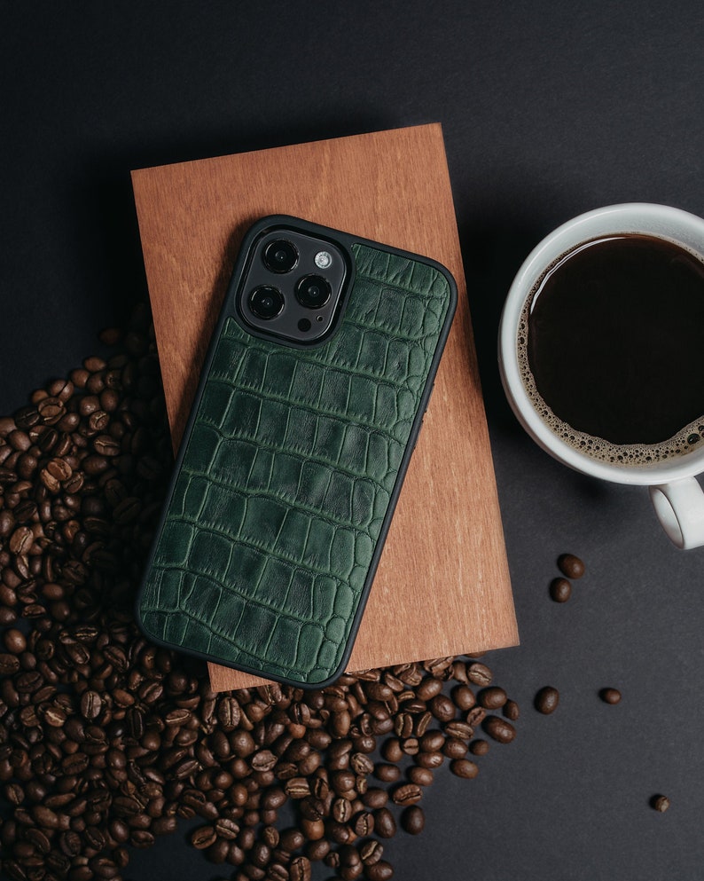 Dark Green iPhone 12 Pro Max Case Crocodile Embossed Leather Case for iPhone 13 Pro Green Stamped Crocodile Pattern on Cow Leather 12 Pro Dark Green