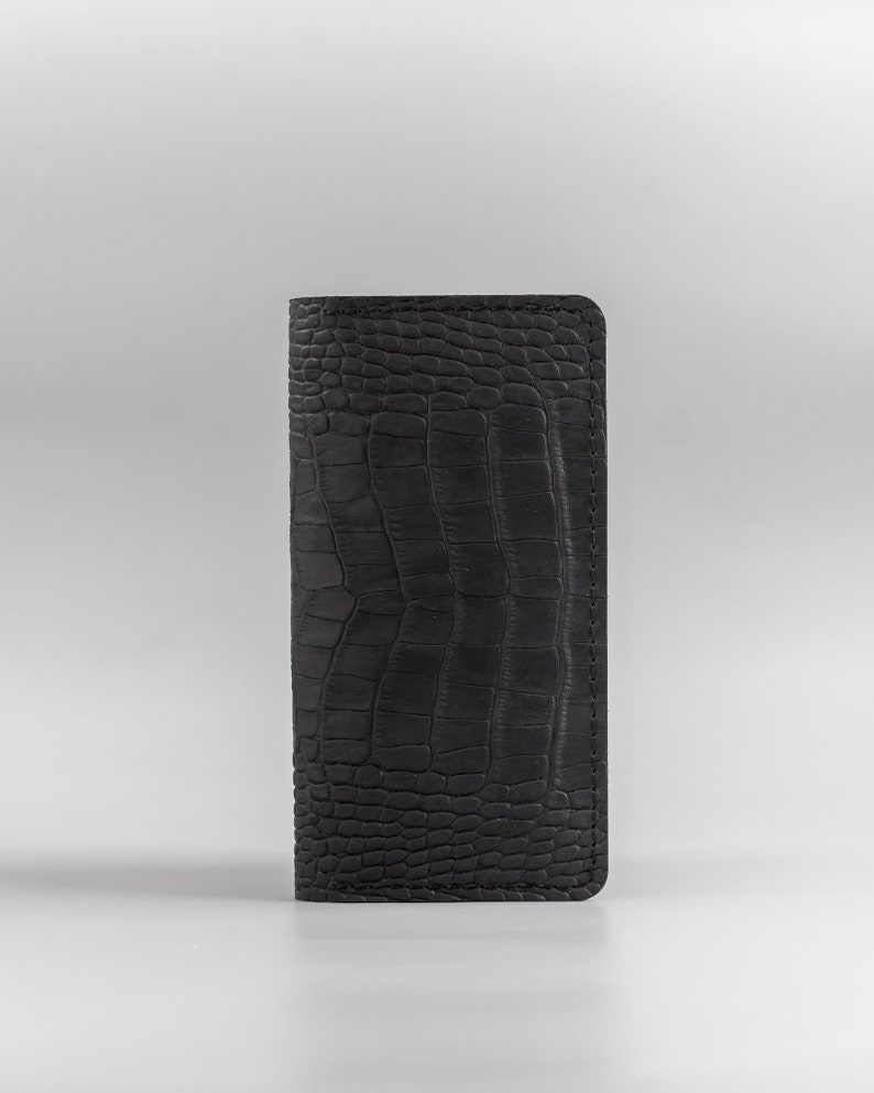 Cartera larga de cocodrilo negro, cuero repujado de cocodrilo, cartera larga de cocodrilo estampada, cartera de cuero genuino, cartera larga personalizada imagen 1