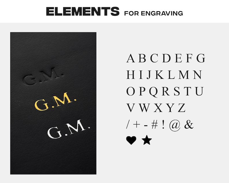 K&ouml;nnte beinhalten: Nahaufnahme einer schwarzen Lederoberfl&auml;che mit den Initialen "G.M." in Gold, Silber und Schwarz graviert. Das Bild zeigt auch eine Schriftartentafel mit Gro&szlig;buchstaben, Zahlen und Symbolen.