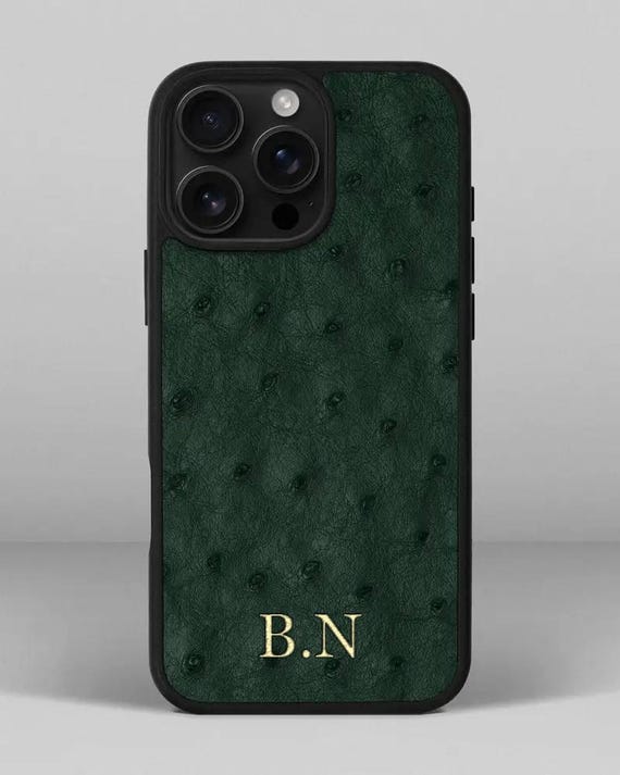 Luxury ostrich leather name iphone 16 case, initial phone case leather, Christmas gift idea, neutral phone case, unique holiday gift