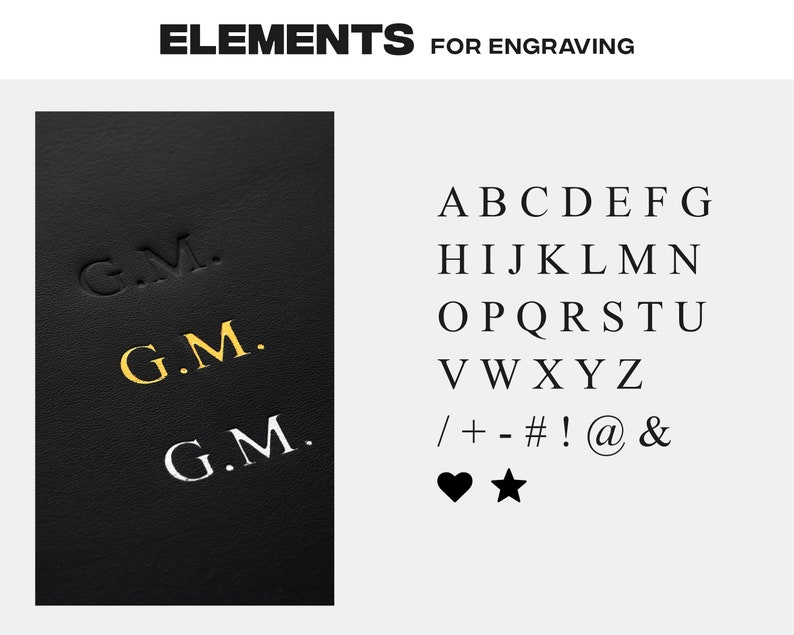 May include: A close-up of a black leather surface with the initials "G.M." engraved in gold, silver, and black. The image also shows a font chart with uppercase letters, numbers, and symbols.