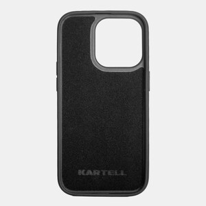 May include: Black phone case with a textured surface and the word "KARTELL" printed on the back.