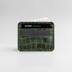 Tarjetero de piel de cocodrilo verde oscuro, piel de cocodrilo estampada verde oscuro, billetera de piel auténtica