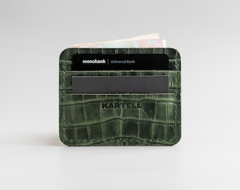Dark Green Crocodile Cardholder, Dark Green Crocodile-Embossed Leather, Stamped Crocodile Leather, Genuine Leather Wallet