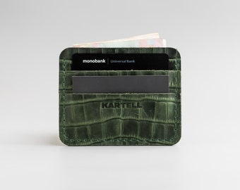 Dark Green Crocodile Cardholder, Dark Green Crocodile-Embossed Leather, Stamped Crocodile Leather, Genuine Leather Wallet