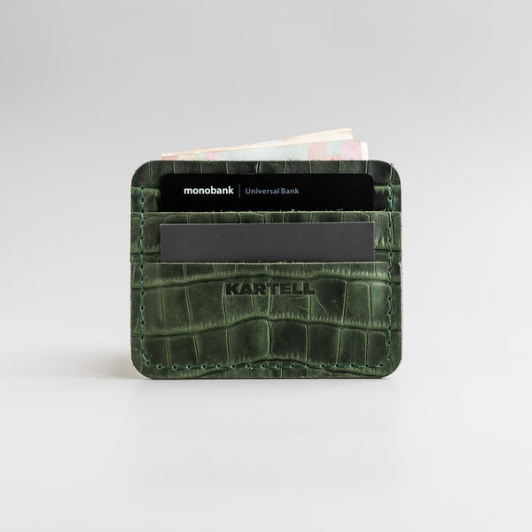 Dark Green Crocodile Cardholder, Dark Green Crocodile-Embossed Leather, Stamped Crocodile Leather, Genuine Leather Wallet