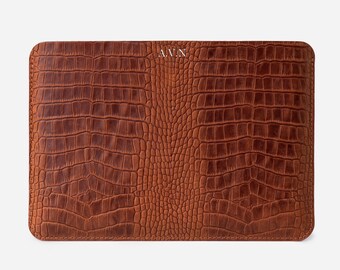 Brown leather laptop sleeve, MacBook air 12 13 14 15 16 case, crocodile embossing laptop bag, MacBook cover, personalized gifts for him