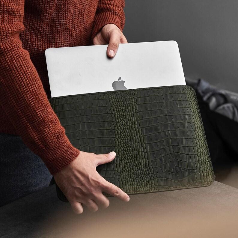 Dark green leather MacBook air case, crocodile embossed laptop sleeve, MacBook pro 12 13 14 15 16 case, personalized computer case image 4