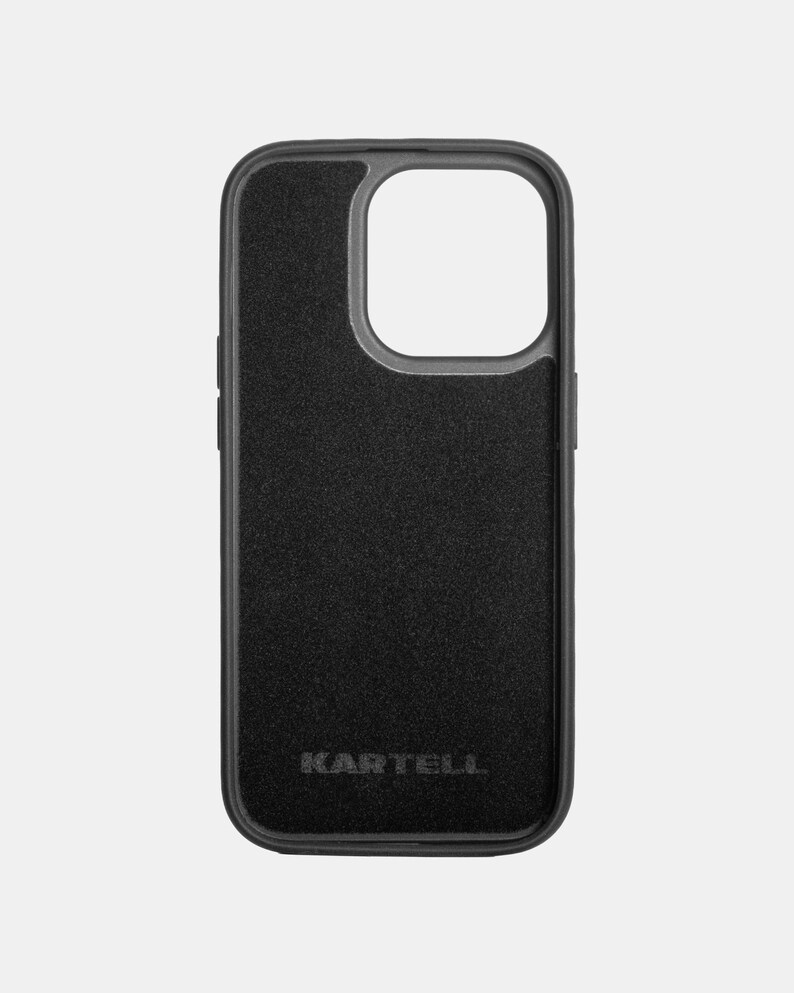 May include: Black phone case with a textured surface and the word "KARTELL" printed on the back.