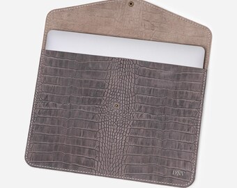 Engraved gray MacBook air sleeve, leather laptop bag, crocodile embossing computer case, personalized MacBook case, MacBook pro case