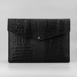 Black MacBook Pro 13 Leather Case, Crocodile-Embossed Leather, Stamped Crocodile Pattern on Cow Leather, Laptop 13 case