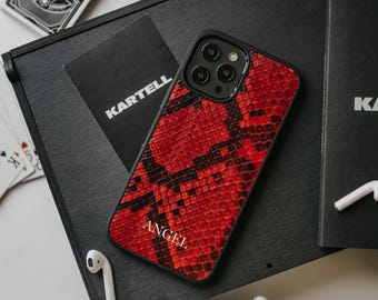 Custom red leather iphone case, personalized snake skin case, initial name phone cover
