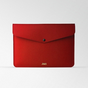 Bright red computer case for MacBook, calfskin flotar leather laptop bag for women, engraved MacBook pro 12 case, MacBook air m3 case