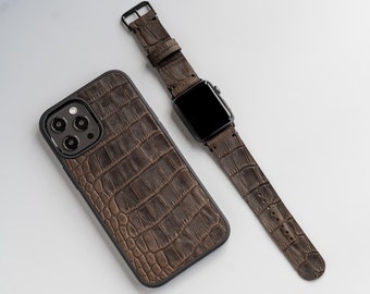 Dark Brown Embossed Crocodile Skin Set iPhone 13 Pro Max Apple Watch 7 Brown Alligator Stamped Leather for iPhone 13 Pro and Apple Watch