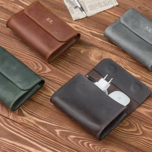 Leather MacBook charger holder, laptop cable organizer, MacBook charger case, cable bag storage, case for mouse, 3rd anniversary gift