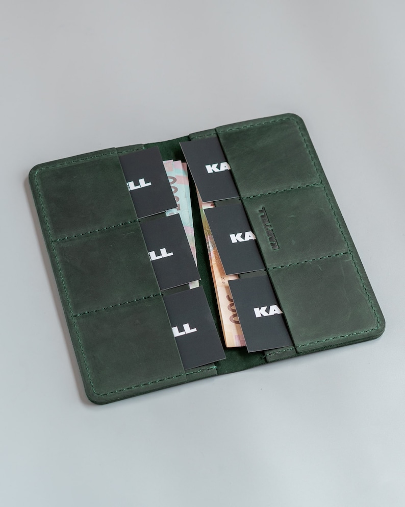Cartera plegable de piel de caballo loco verde para mujer, billetera de piel auténtica, organizador de tarjetas, regalo de aniversario para él, idea de regalo de Navidad imagen 3