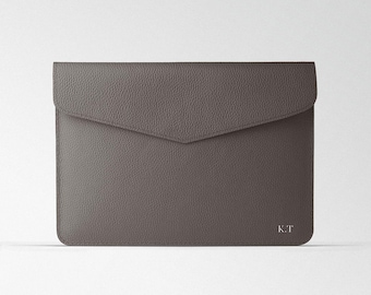 Gray macbook case, leather laptop sleeve, computer cover with magnet, custom macbook bag